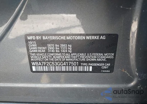 2016 BMW 750I xDrive из США, поврежденный, VIN WBA7F2C53GG417501